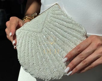 Pochette con conchiglie di perline per la sposa, borsa di perle di