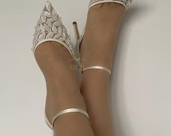 Embroidered Bridal Heels with Ankle Strap  Beaded Wedding Shoes Pointed Toe Heels for Bride Lace wedding shoes comfortable bride shoes