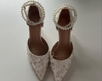 Wedding Heels Mesh Beaded Sequin White Pearl Ankle Strap Bridal Shoes Pointed Toe Stiletto Pumps Ivory Lace Look Bridal Heels Wedding shoes