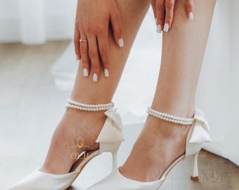 Ivoor bruiloft hakken met parel enkelbandje Satijnen bruidsschoenen Spitse pumps 5 cm 7 cm 9 cm Hakopties Elegante trouwschoenen