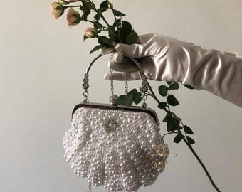 Perlentasche, Tasche mit Perlen, weiße Tasche, Tasche für Hochzeit