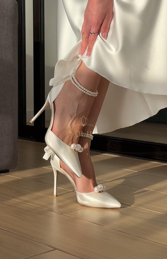Scarpe Da Sposa A Punta Con Perle E Fiocco – Tacco Basso A Blocco In Raso, Comode Décolleté Da Ballo - 3