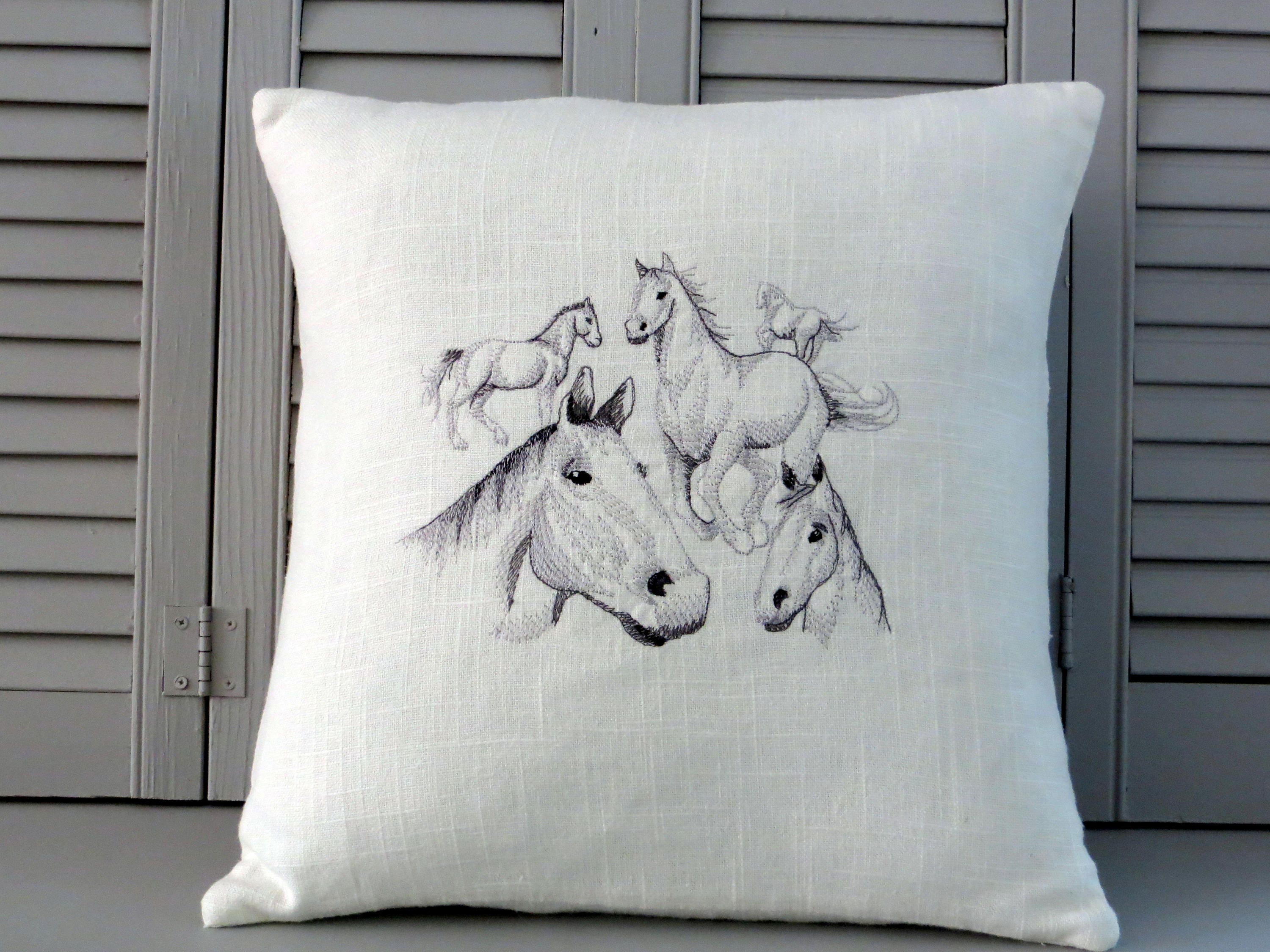 herd of horses pillow embroidered pillow gray horse pillow Etsy