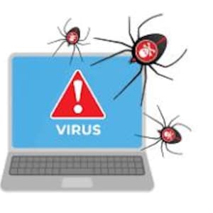 May include: A laptop computer with a blue screen displaying a red triangle with an exclamation mark and the word "VIRUS". Three black spiders with red markings are crawling on the screen.