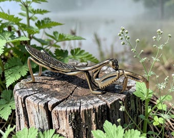 Vintage Brass Praying Mantis Figurine | Detailed Solid Brass Insect Statue | Antique Style Bug Sculpture | Desk Decor & Gift for Nature Love