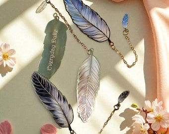 Customized Text Engraved Feather Bookmark – 4"x1" Metal Page Marker with Matching Chain Charm