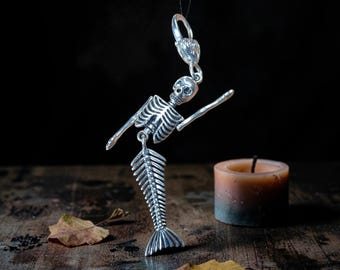 Silver Mermaid Skeleton Keychain | Gothic Nautical Keyring | Macabre Siren Bag Charm | Spooky Ocean Pirate Accessory | Moveable Limbs