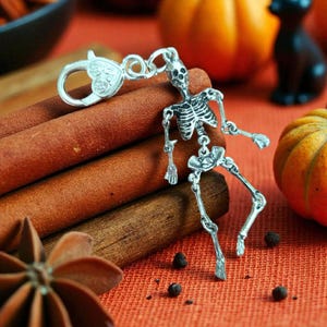 May include: A silver skeleton charm with a lobster clasp and heart-shaped detail. The charm is posed on a bed of cinnamon sticks, with pumpkins and a black cat figurine in the background. A Halloween-themed accessory.
