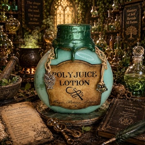 May include: A round, light green glass bottle labelled Polyjuice Lotion with a dark green wax-sealed stopper. The bottle features a tan paper label with black text, a silver owl charm, and a small green glass bead attached by braided twine cords.