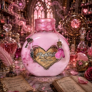 May include: A round, opaque pink potion bottle with a wax-sealed top, featuring a heart-shaped label that reads Amortentia Magic Potion Lotion. The bottle is adorned with a small silver key, a padlock, and a tiny heart-shaped glass vial charm.