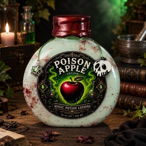 May include: A round bottle of Poison Apple lotion with a red wax-sealed cap, containing 10 fl oz of pale green liquid. The label features a red apple, green smoke, and the text Poison Apple Lotion Magic Potion Lotions, with skull and star charms.