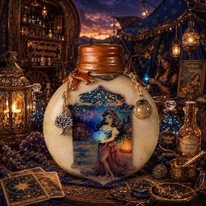 May include: A round glass potion bottle with a copper-colored wax seal, featuring a label that reads Fortune & Firelight and depicts a person holding a glowing orb. A silver tree charm and a small glass globe filled with gold glitter hang from the neck.