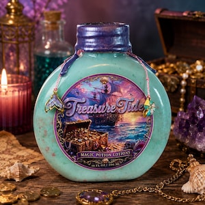 Könnte beinhalten: Eine runde, hellgrüne Flasche mit der Aufschrift Treasure Tide Magic Potion Lotions, 10 fl oz | 296 ml. Das Etikett zeigt ein Piratenschiff und eine Schatztruhe. Der Flaschenhals ist mit violettem Wachs versiegelt und mit zwei Anhängern verziert.