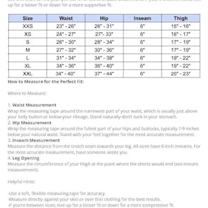 Op de afbeelding: Een tabel met maatvoeringen voor shorts. De tabel bevat de maten voor taille, heup, binnenbeenlengte en dij in inches. De vermelde maten zijn XXS, XS, S, M, L, XL en XXL.