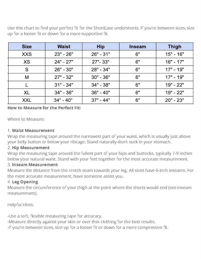 Op de afbeelding: Een tabel met maatvoeringen voor shorts. De tabel bevat de maten voor taille, heup, binnenbeenlengte en dij in inches. De vermelde maten zijn XXS, XS, S, M, L, XL en XXL.