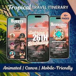 Digital Beach Itinerary Invitation, Travel Birthday Weekend Template, Mexico Birthday Itinerary, Travel Itinerary, Beach Birthday Trip
