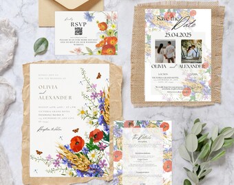 May include: Wedding stationery set featuring floral designs with poppies, wheat, and wildflowers. Includes an invitation, RSVP card, details card, and a 'Save the Date' card with photos. The set is arranged on a marble surface with decorative elements.