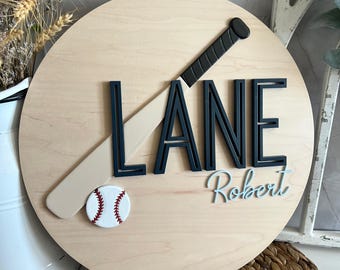 Baseball Namensschild personalisiert | Baby Namensschilder | Sport Schild | Personalisiertes Geschenk Baseball und Fledermaus Namensschild