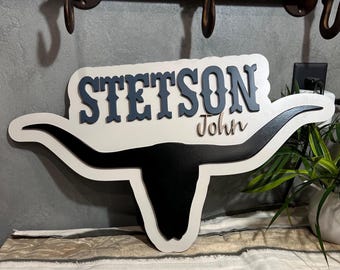 Western Steer Custom Name Sign | Znaki z nazwami do pokoju chłopców | Western Sign | Spersonalizowany prezent | Znak z nazwą kowboja