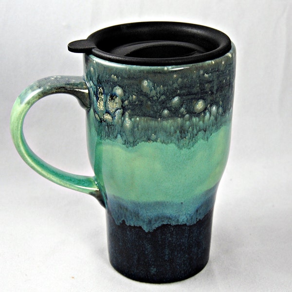 Blue and Green Ceramic Travel Mug with a Lid