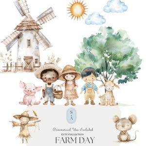 Paquete de imágenes prediseñadas de acuarela del día de la granja | Niños lindos, animales y elementos de granja vintage con licencia comercial | Diseños para fiestas infantiles