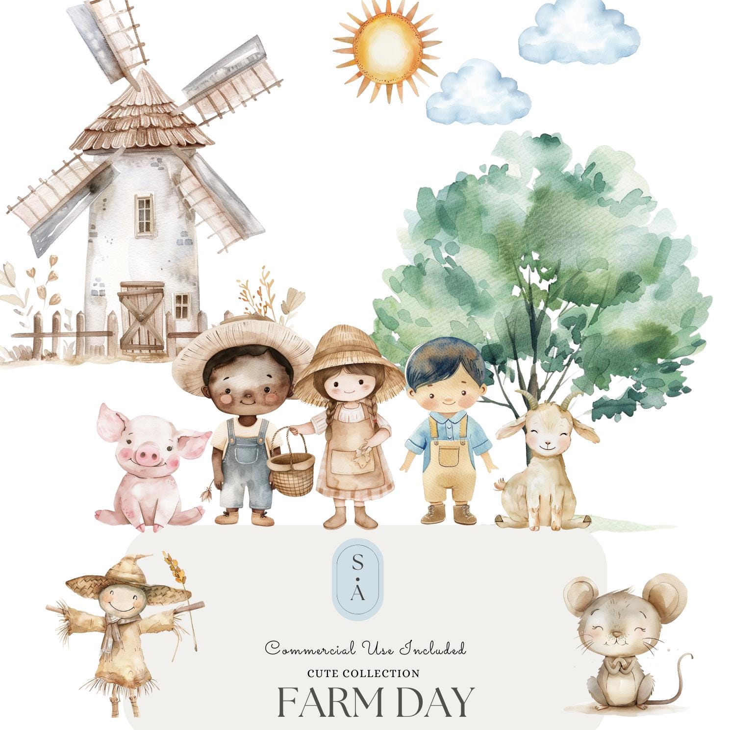 Farm Day Watercolor Clipart Bundle | Cute Kids, Animals & Vintage Farm ...