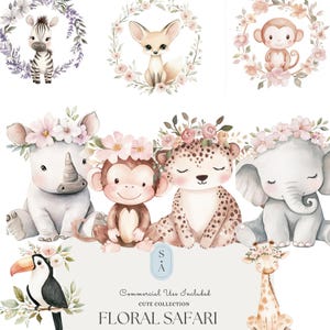 Clipart de acuarela de animales de safari florales | Lindos animales de la jungla con flores, decoración para baby shower y guardería | Uso comercial