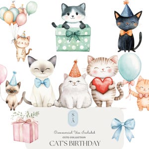 Cats Birthday Watercolor Clipart - Cute Kitten Party Decor, Cat Lover Gift, Digital Download, Pet Birthday Invitation Design