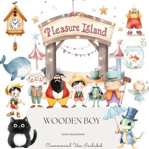 Pinocchio Watercolor Clipart Set | Wooden Boy Fairy Tale Graphics | DIY Party Supplies, Invitations, COMMERCIAL USE included