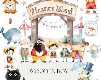 Ensemble de cliparts aquarelle Pinocchio | Graphiques de conte de fées de garçon en bois | Fournitures de fête DIY, invitations, UTILISATION COMMERCIALE incluses