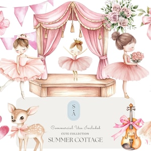 Balletprinses aquarel clipart set | Schattige roze ballerina's, podium, bloemen en dansaccessoires voor meisjesfeestuitnodigingen en knutselwerkjes
