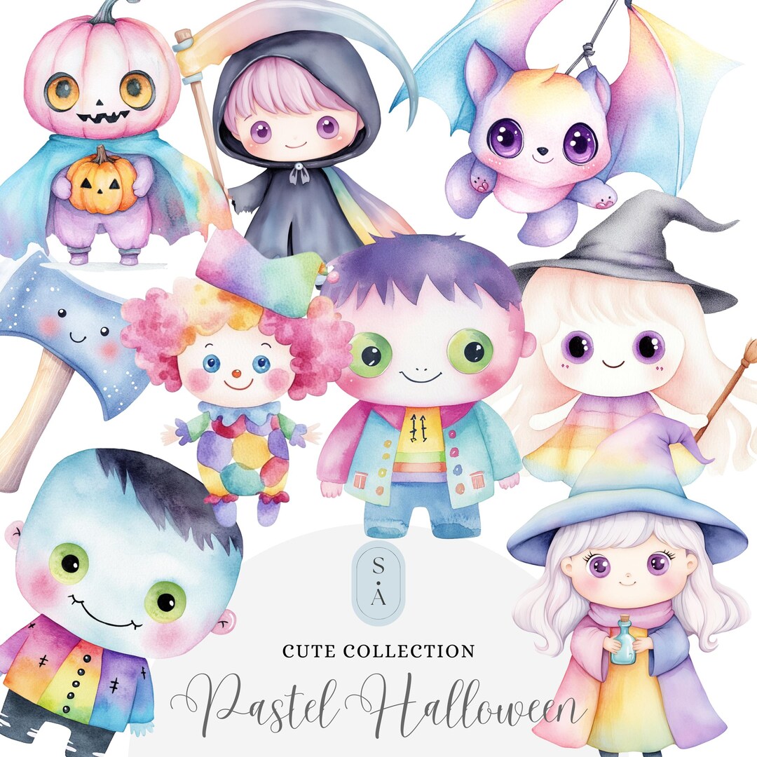 Pastel Halloween Clipart PNG Bundle | Cute Watercolor Witch Ghost ...
