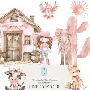 Clipart aquarelle de cow-girl rose | Fille de l'Ouest PNG, Art de la ferme de campagne, Graphiques sur le thème du rodéo, Décor rustique du désert, Utilisation commerciale