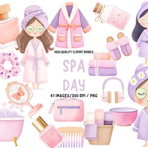 Può includere: Illustrazione ad acquerello di elementi per la giornata della spa. Include una vasca da bagno, prodotti da bagno, un accappatoio, uno specchio e vari articoli per la spa nei toni del rosa, viola e oro. È presente anche il testo "SPA DAY".