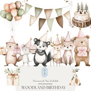 Woodland Party Watercolor Clipart - Forest Animal Birthday Decor, Baby Shower, Rustic Party Theme, Digital Download Commercial Use