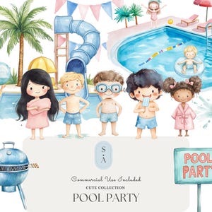 Collection d'aquarelles pour fêtes à la piscine : enfants, piscine, toboggan, barbecue, pistolets à eau et éléments de fête d'été pour invitations et décorations de scrapbooking