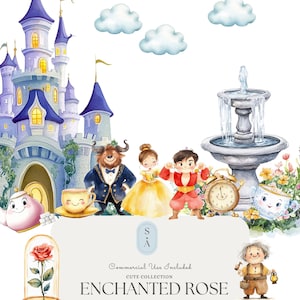 Watercolor Enchanted Rose Clipart Set - Castle, Characters, Magical Decor, and Fairytale Crafts for Nursery and Party Themes