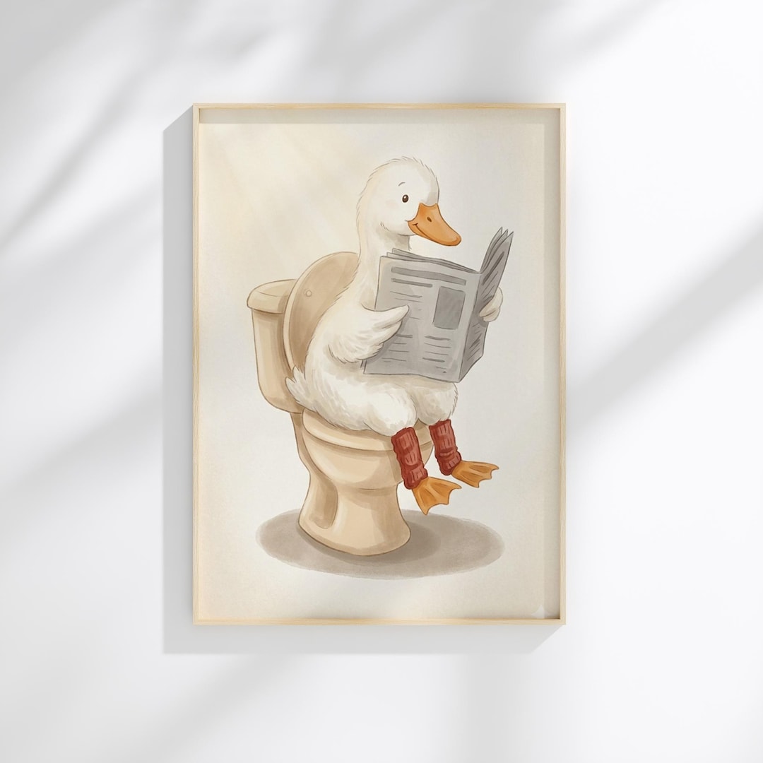 Funny Duck Reading on Toilet Wall Art, Bathroom Humor Printable ...