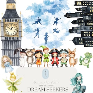 Könnte beinhalten: Aquarell-Illustration einer Gruppe von Kindern, die als Figuren aus klassischen Geschichten verkleidet sind, darunter Peter Pan, Alice im Wunderland und ein Pirat. Die Illustration zeigt einen fantasievollen Hintergrund mit blauem Himmel, Wolken und Silhouetten von fliegenden Kindern. Der Text "DREAM SEEKERS" ist in einer dekorativen Schriftart am unteren Rand des Bildes geschrieben.