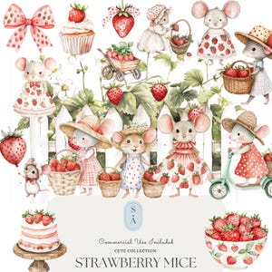 Ensemble d'images clipart de souris fraises – Ensemble de souris mignonnes aquarelles au format PNG, baies d'été, desserts aux fraises, thème pique-nique, téléchargement numérique