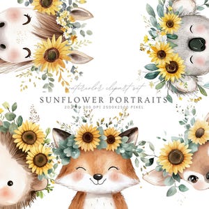 Può includere: Set di clipart ad acquerello con adorabili ritratti di animali: un cavallo, un koala, un riccio, una volpe e un cervo. Ogni animale è adornato da una corona floreale di girasoli e verde. Il testo recita "SUNFLOWER PORTRAITS".