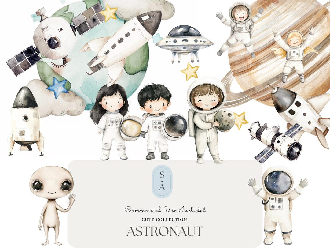 Cute Astronaut Watercolor Clipart Bundle | Space Kids, Rockets, Planets ...