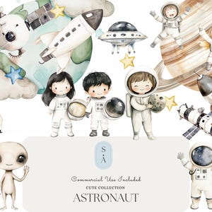 Cute Astronaut Watercolor Clipart Bundle | Space Kids, Rockets, Planets, and Aliens with Transparent Backgrounds for Party Invites