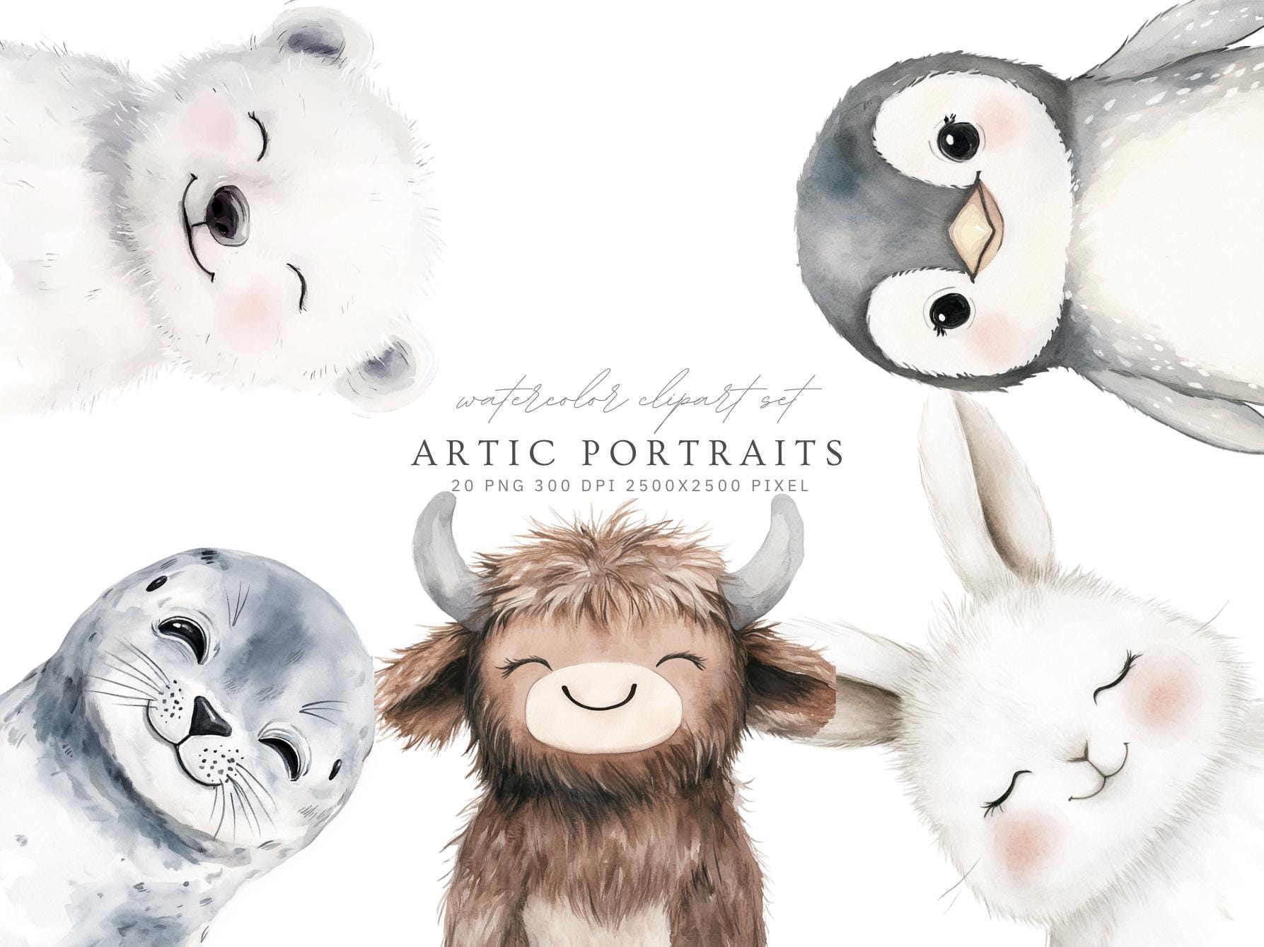 Arctic Animal Portrait Clipart PNG Bundle | Cute Watercolor Winter ...