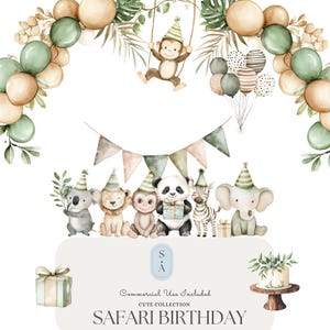 Conjunto de imágenes prediseñadas de acuarela de cumpleaños de safari: lindos animales de la jungla, globos, decoración de fiesta, pancartas, pastel, uso comercial vintage bohemio incluido