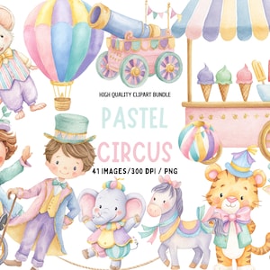 Può includere: Illustrazione ad acquerello a tema circo pastello. Include un topo, una mongolfiera, un cannone, un carro da circo, una bancarella di gelati, un clown, un monociclo, un elefante, un cavallo, una tigre e una giraffa. Testo: Pastel Circus.