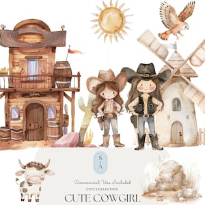 Clipart aquarelle de cow-girl mignonne | Fille occidentale PNG, graphiques de cow-boy rustiques, décor de ferme, art sur le thème du désert, téléchargement numérique