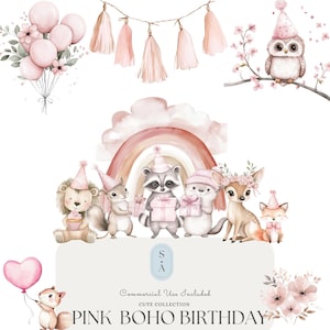 Pink Boho Birthday Clipart Set - Watercolor Woodland Animals, Balloons, Rainbow, Party Decorations, Commercial Use Included