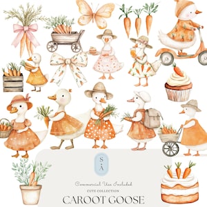 Carrot Goose Clipart Set – Watercolor Cute Goose PNG Bundle, Garden Carrots, Spring Farm Animals, Digital Download for Nursery and Party Art