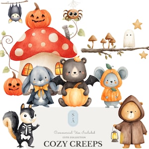 Può includere: Illustrazione ad acquerello di una scena di Halloween stravagante con simpatici personaggi di animali. Include un pipistrello, un coniglietto, un orso, uno scoiattolo e un topo in costume, una casa a forma di fungo, zucche e il testo "COZY CREEPS".